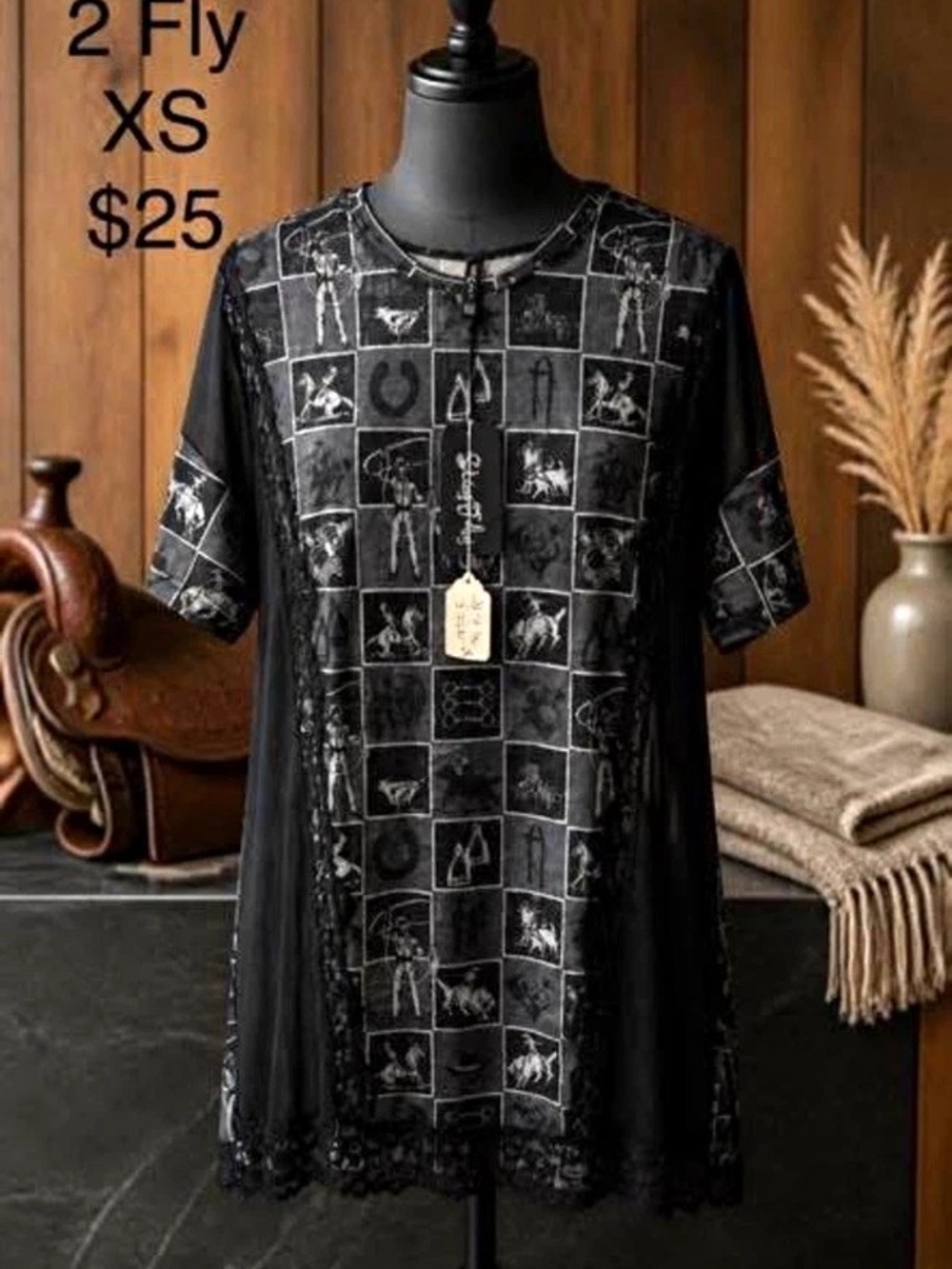 Women’s 2-FlyBlack Graphic Print Lightweight Beaded Pullover Top Short Sleeve XS